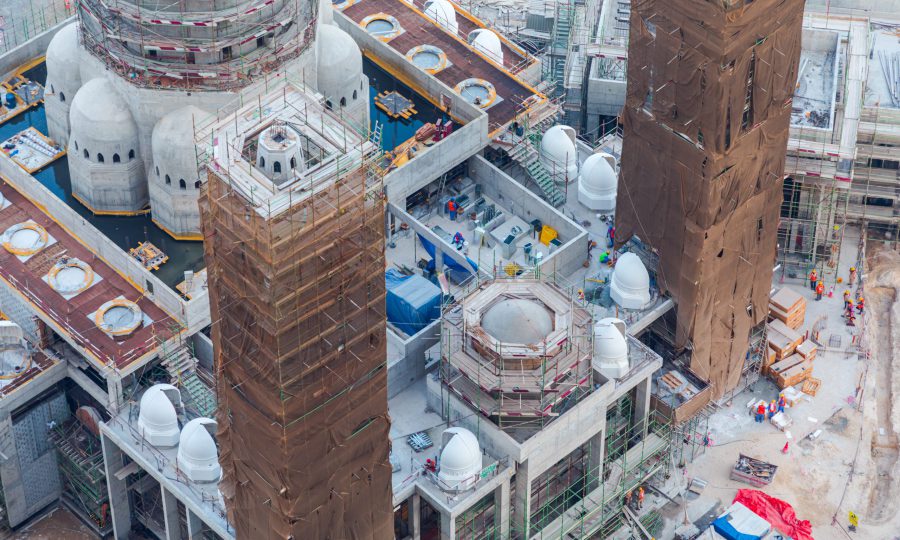 Dubai, United Arab Emirates - October 12, 2023: Aerial view of building new mosque in Dubai Marina